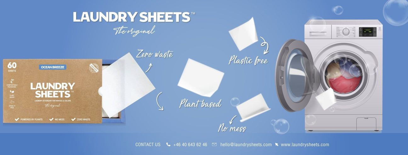 Laundry Sheets™ vaskeark, plantebaserte og plastfrie vaskemiddelark som løses opp i vaskemaskinen. Miljøvennlig, nedbrytbar emballasje og zero waste klesvask