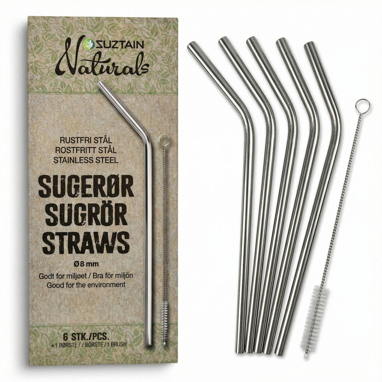 Suztain Sugerør i stål - 8mm - 6stk