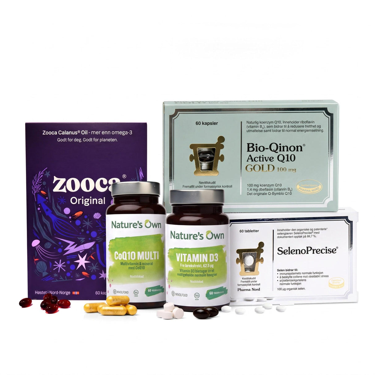 Zooca omega-3-pakke med CoQ10 Multi, Vitamin D3 og SelenoPrecise samt Bio-Qinon Active Q10-kapsler
