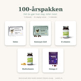 100-årspakken med selen, koenzym Q10, D-vitamin, multivitamin og omega-3 stilt opp på lys bakgrunn
