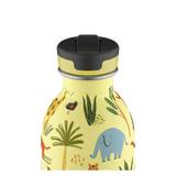 24Bottles Urban drikkeflaske barn 250 ml med jungeldyrmotiv i lysegul farge og svart lokk
