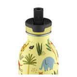24Bottles Urban Drikkeflaske Barn 250 ml med Jungle Friends motiv i gult med dyr og planter, svart lokk