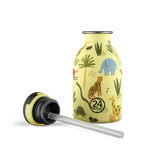 24Bottles Urban drikkeflaske barn 250 ml med jungeldyrmotiv i lysegul farge og avtagbart lokk