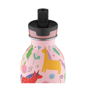 24Bottles Urban drikkeflaske barn 250 ml med fargerikt enhjørningsdesign på rosa bakgrunn