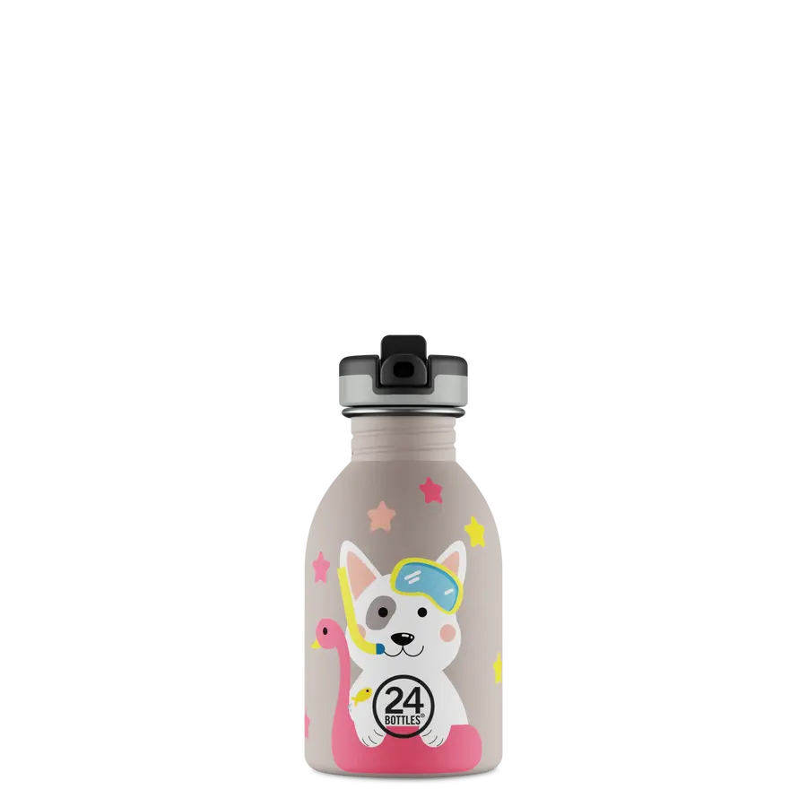 24Bottles Urban Drikkeflaske Barn 250 ml - Lucky Dog med Sport Lid drikketut, sett forfra med søtt motiv