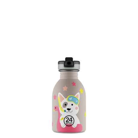 24Bottles Urban Drikkeflaske Barn 250 ml - Lucky Dog med Sport Lid drikketut, sett forfra med søtt motiv