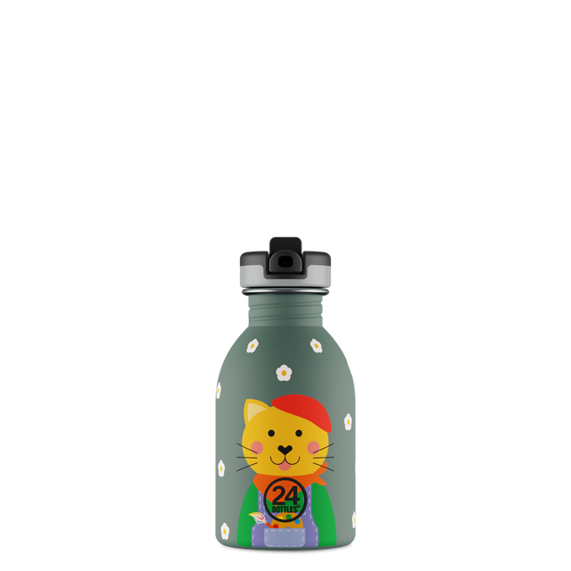 24Bottles Urban Drikkeflaske Barn 250 ml - Smart Cat med drikketut, smart og praktisk, sett forfra Suztain.no