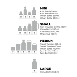 24Bottles bunnbeskyttelse, lyserosa i silikon, størrelsesguide som viser kompatible flasker
