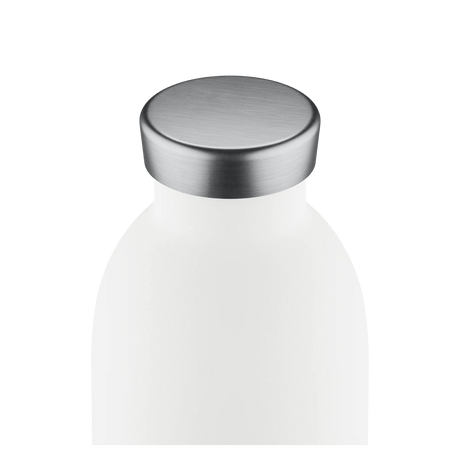 24Bottles Clima Drikkeflaske 330 ml Ice White i rustfritt stål, nærbilde av flaskens topp og kork