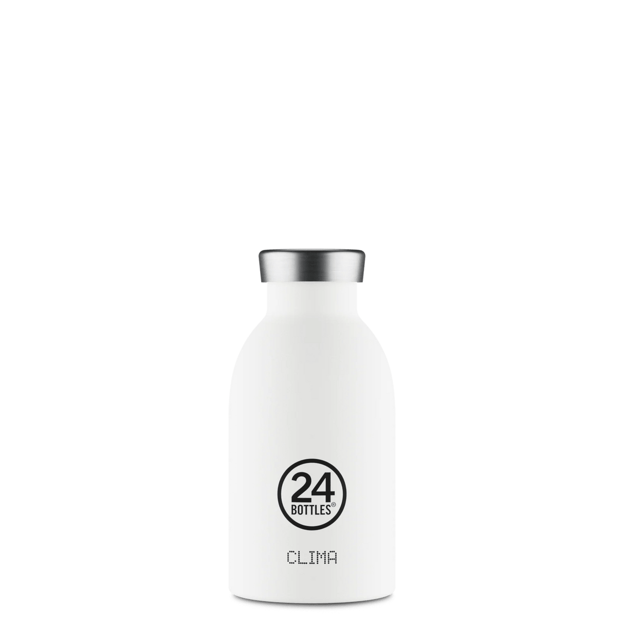 24Bottles Clima Drikkeflaske 330 ml Ice White i rustfritt stål, sett fra siden med logo og modellnavn