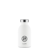 24Bottles Clima Drikkeflaske 330 ml Ice White i rustfritt stål, sett fra siden med logo og modellnavn