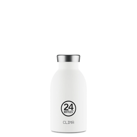 24Bottles Clima Drikkeflaske 330 ml Ice White i rustfritt stål, sett fra siden med logo og modellnavn
