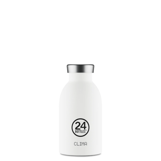 24Bottles Clima Drikkeflaske 330 ml Ice White i rustfritt stål, sett fra siden med logo og modellnavn Suztain.no