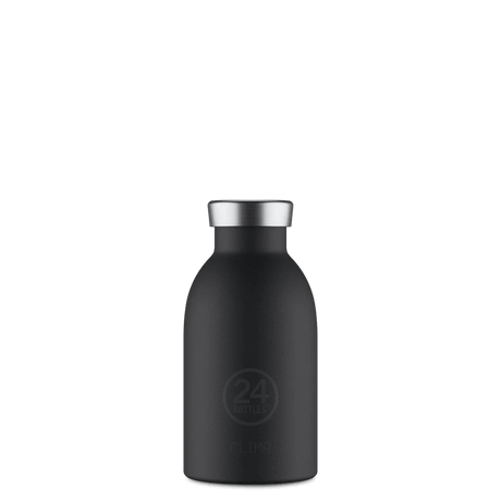 24Bottles Clima Drikkeflaske 330 ml Tuxedo Black i rustfritt stål, sett fra siden med logoen synlig