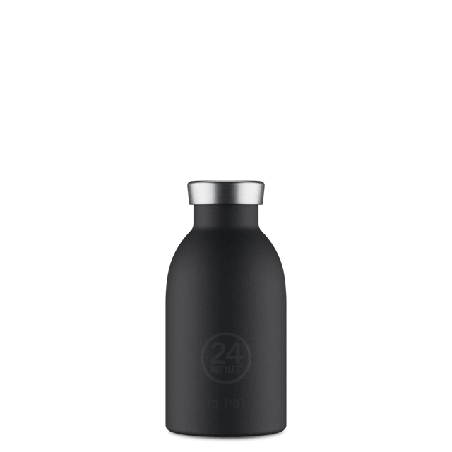 24Bottles Clima Drikkeflaske 330 ml Tuxedo Black i rustfritt stål, sett fra siden med logoen synlig Suztain.no