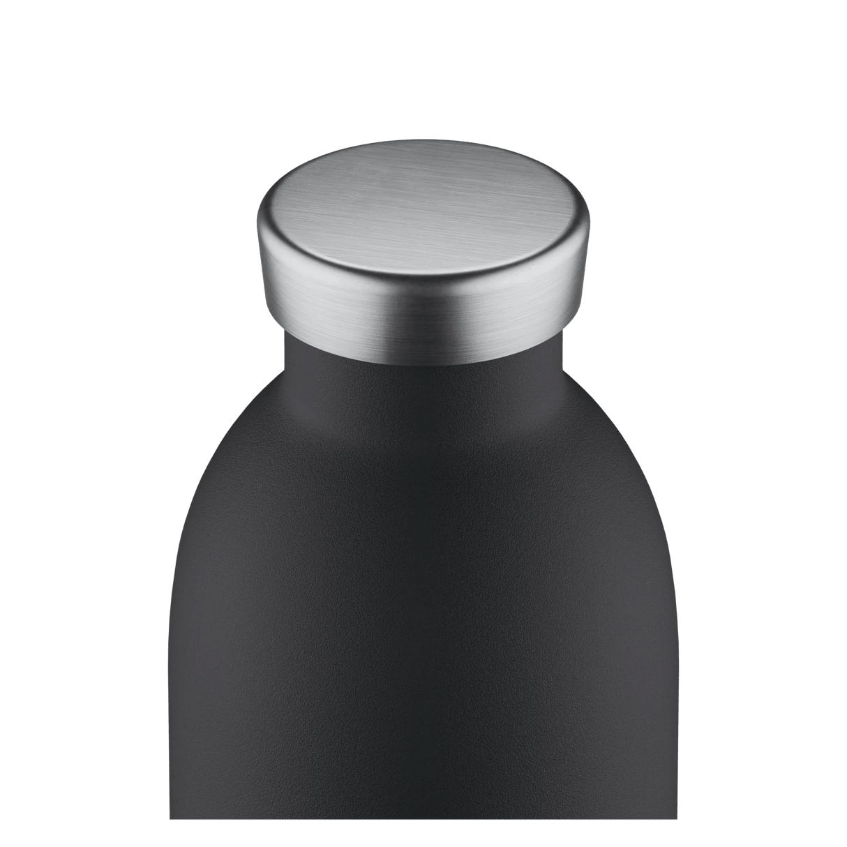 24Bottles Clima Drikkeflaske 330 ml Tuxedo Black i rustfritt stål, nærbilde av flaskehalsen og korken
