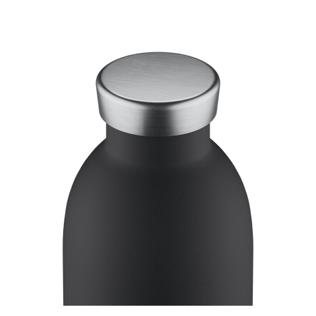 24Bottles Clima Drikkeflaske 330 ml Tuxedo Black i rustfritt stål, nærbilde av flaskehalsen og korken