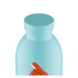 24Bottles Clima Drikkeflaske 500 ml Hey! Blue i rustfritt stål, nærbilde av flaskens hals og kork