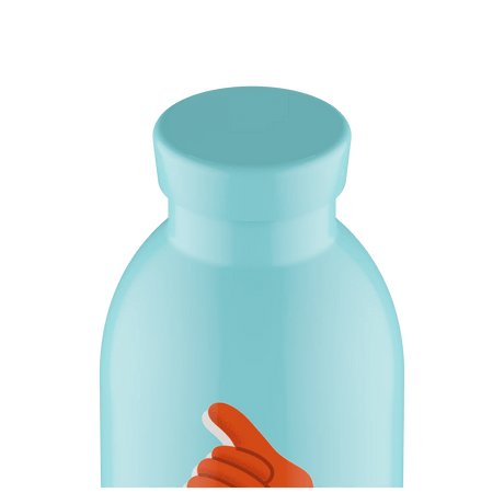 24Bottles Clima Drikkeflaske 500 ml Hey! Blue i rustfritt stål, nærbilde av flaskens hals og kork