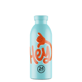 24Bottles Clima Drikkeflaske 500 ml Hey! Blue i rustfritt stål, sett forfra med lukket kork