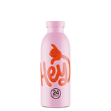 24Bottles Clima Drikkeflaske 500 ml Hey! Pink i rustfritt stål, sett forfra med logo og grafikk