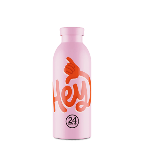 24Bottles Clima Drikkeflaske 500 ml Hey! Pink i rustfritt stål, sett forfra med logo og grafikk