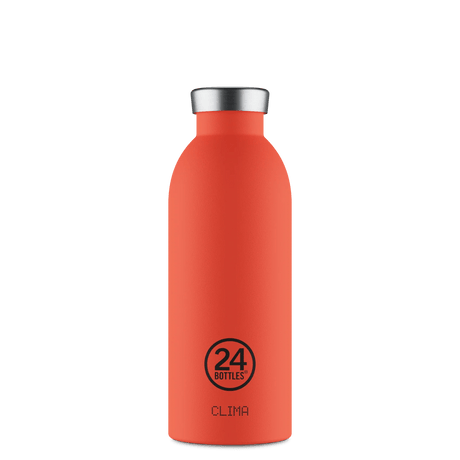 24Bottles Clima Drikkeflaske 500 ml Pachino i rustfritt stål, sett forfra med logo og modellnavn