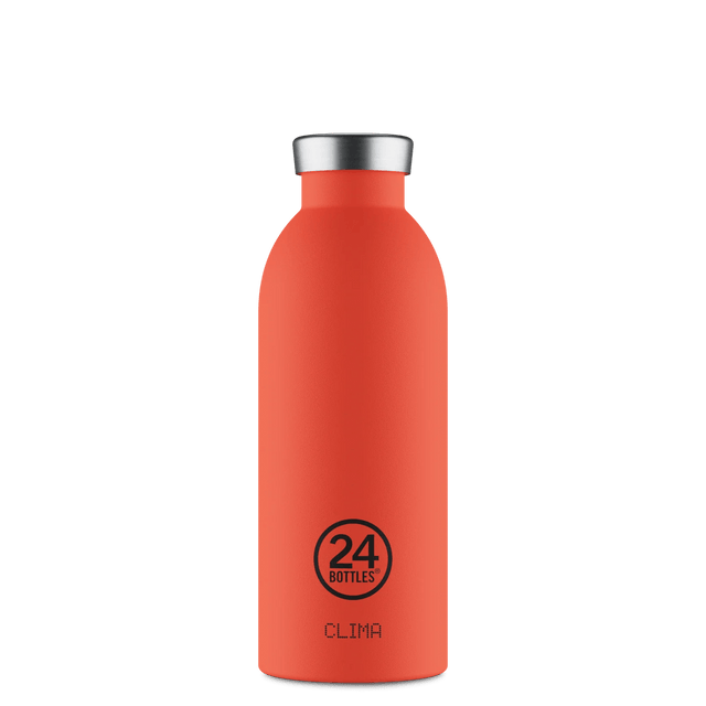 24Bottles Clima Drikkeflaske 500 ml Pachino i rustfritt stål, sett forfra med logo og modellnavn Suztain.no