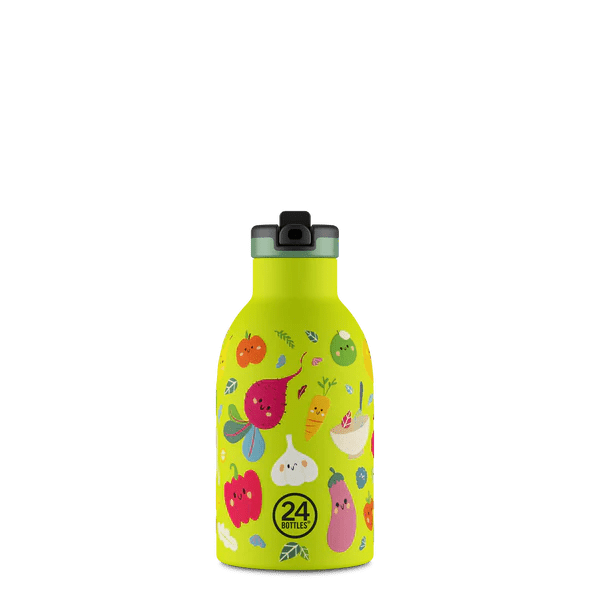 24Bottles Clima Drikkeflaske Barn 330 ml Veggie Friends i rustfritt stål, sett forfra med lokk lukket Suztain.no