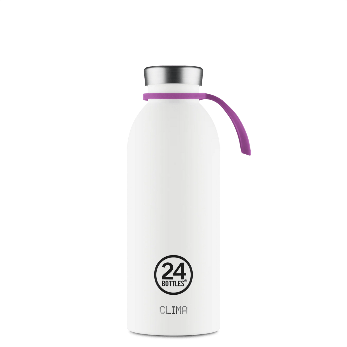 24Bottles Flaske Hank, lilla i silikon, med en hvit flaske og sølvfarget lokk i bakgrunnen