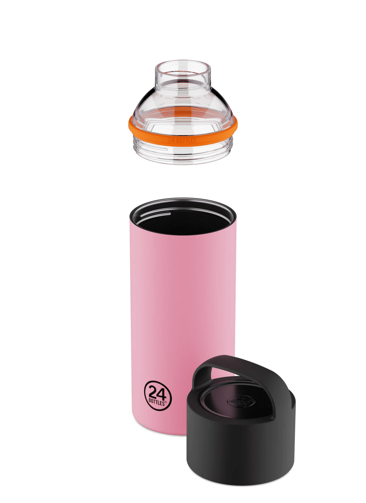 24Bottles Spin Drikkeflaske 730 ml Flamingo i rustfritt stål, med lokk og filter plassert fra hverandre