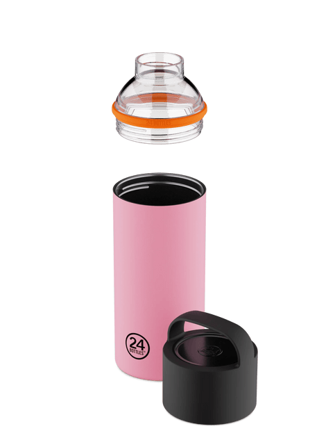 24Bottles Spin Drikkeflaske 730 ml Flamingo i rustfritt stål, med lokk og filter plassert fra hverandre
