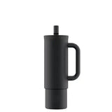 24Bottles termokopp med sugerør 800 ml Tuxedo Black i rustfritt stål, sett fra siden med hank