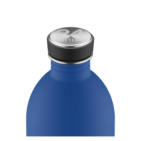 24Bottles Urban Drikkeflaske 1000 ml Gold Blue i rustfritt stål, nærbilde av flaskehals og kork