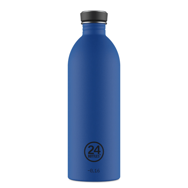 24Bottles Urban Drikkeflaske 1000 ml Gold Blue i rustfritt stål, sett forfra med logo nederst Suztain.no