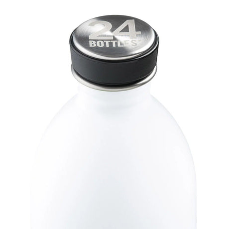 24Bottles Urban Drikkeflaske 1000 ml Ice White i rustfritt stål, nærbilde av flaskehals og kork