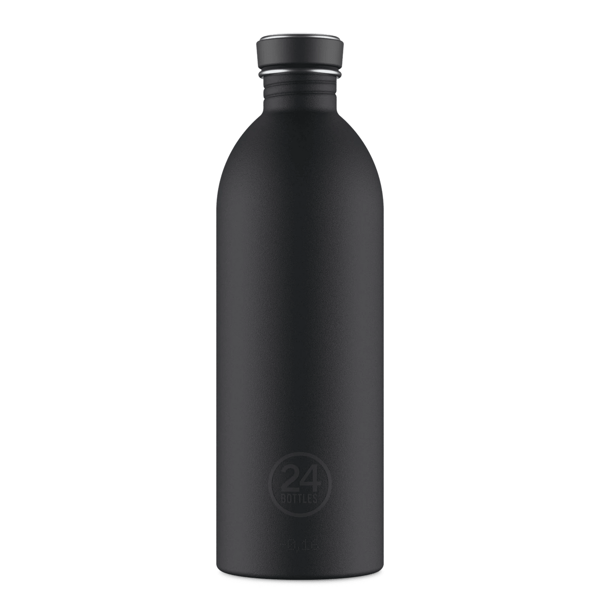 24Bottles Urban Drikkeflaske 1000 ml Tuxedo Black i rustfritt stål, sett forfra med logo nederst på flasken