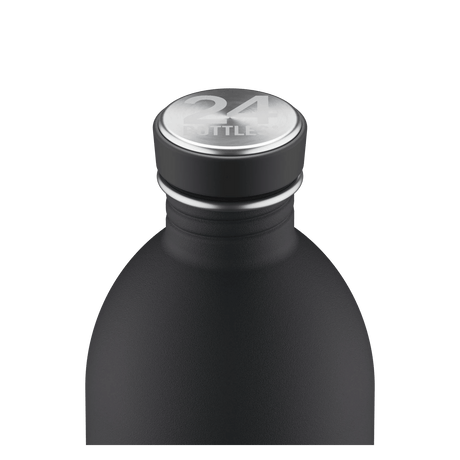 24Bottles Urban Drikkeflaske 1000 ml Tuxedo Black i rustfritt stål, nærbilde av flaskehals og kork