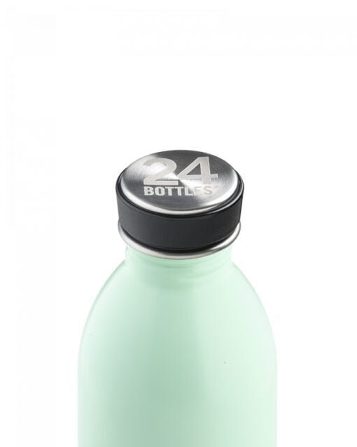 24Bottles Urban drikkeflaske 500 ml Aqua Green i rustfritt stål, nærbilde av flaskehals og kork