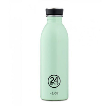 24Bottles Urban drikkeflaske 500 ml Aqua Green i rustfritt stål, sett forfra med logo og -0,08 markering