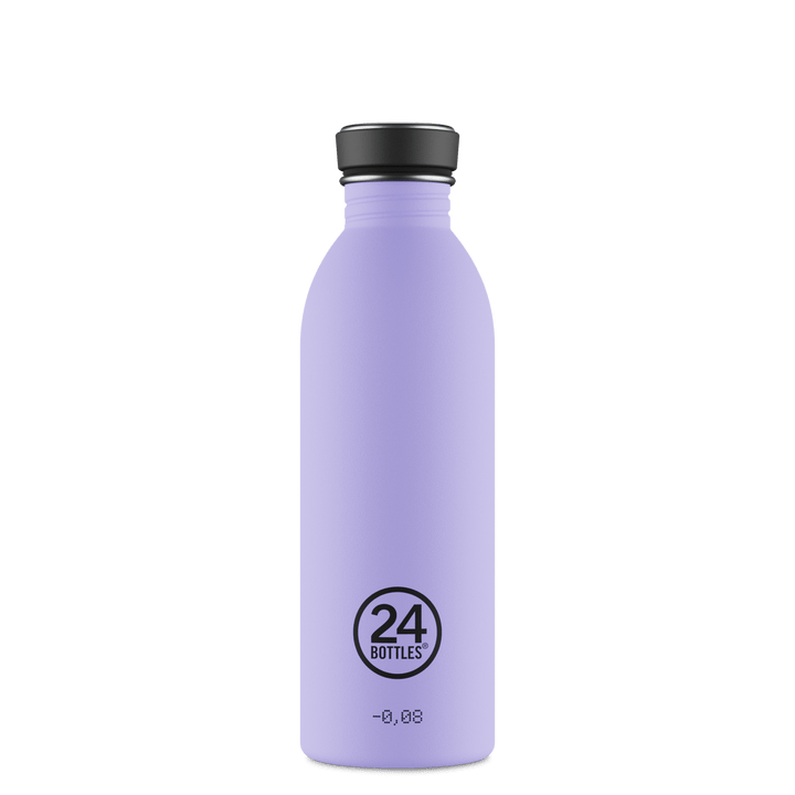 24Bottles Urban drikkeflaske 500 ml Erica i rustfritt stål, sett forfra med logo og tekst nederst