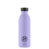 24Bottles Urban drikkeflaske 500 ml Erica i rustfritt stål, sett forfra med logo og tekst nederst
