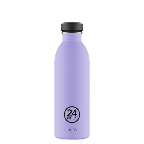 24Bottles Urban drikkeflaske 500 ml Erica i rustfritt stål, sett forfra med logo og tekst nederst