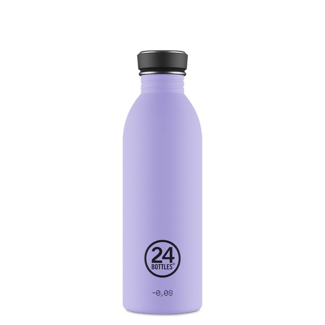 24Bottles Urban drikkeflaske 500 ml Erica i rustfritt stål, sett forfra med logo og tekst nederst Suztain.no