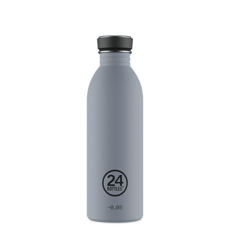 24Bottles Urban drikkeflaske 500 ml Formal Grey i rustfritt stål, sett forfra med logo og tekst