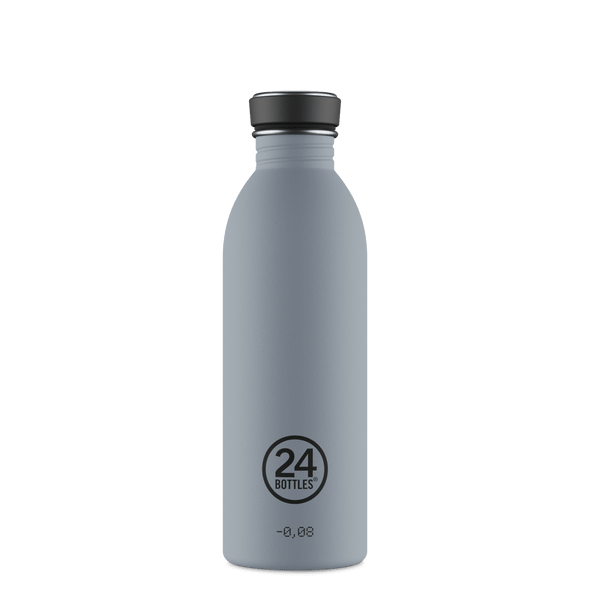 24Bottles Urban drikkeflaske 500 ml Formal Grey i rustfritt stål, sett forfra med logo og tekst Suztain.no