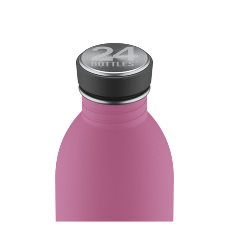24Bottles Urban drikkeflaske 500 ml Mauve i rustfritt stål, nærbilde av flaskehals og kork med logo