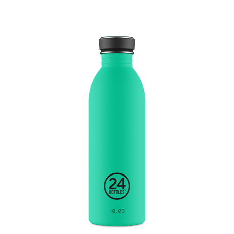 24Bottles Urban drikkeflaske 500 ml i Mint rustfritt stål, sett fra siden med logoen synlig