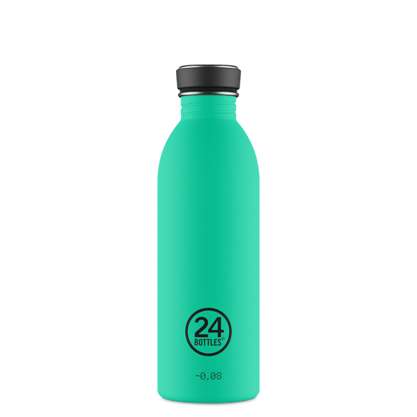24Bottles Urban drikkeflaske 500 ml i Mint rustfritt stål, sett fra siden med logoen synlig Suztain.no