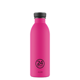 24Bottles Urban drikkeflaske 500 ml Passion Pink i rustfritt stål, sett fra siden med logo og tekst
